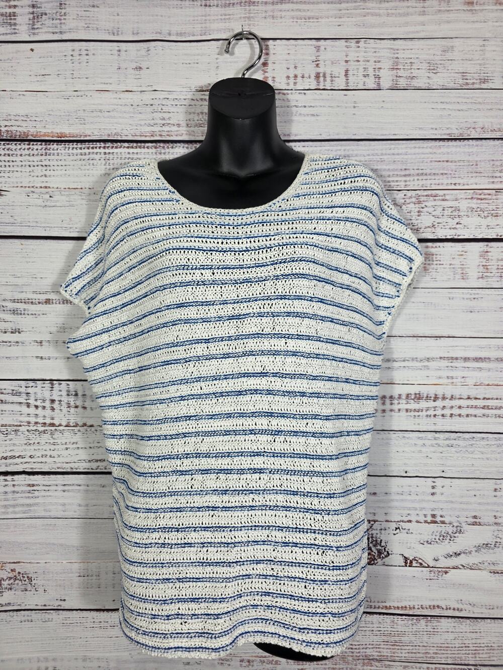 LAUREN Jeans Co Ralph Lauren Women's Large White/Blue Knit Spring Summer Shell